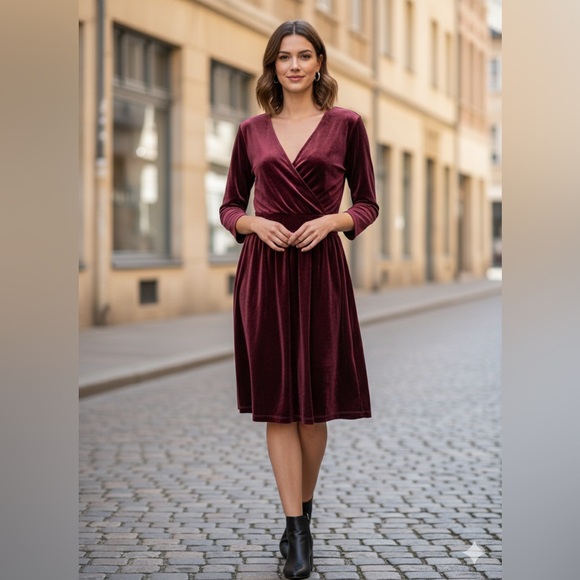 twik Dresses & Skirts - Simons Deep Burgundy Velvet Long Sleeve Dress